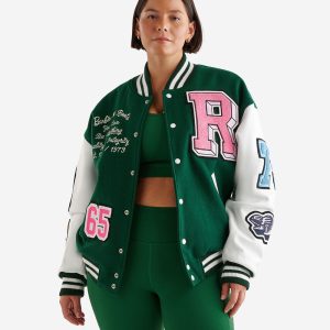Oem Green Women Varsity Jackets White Leather Sleeves Sports Baseball Jacket Chenille Letterman Embroidery Patch